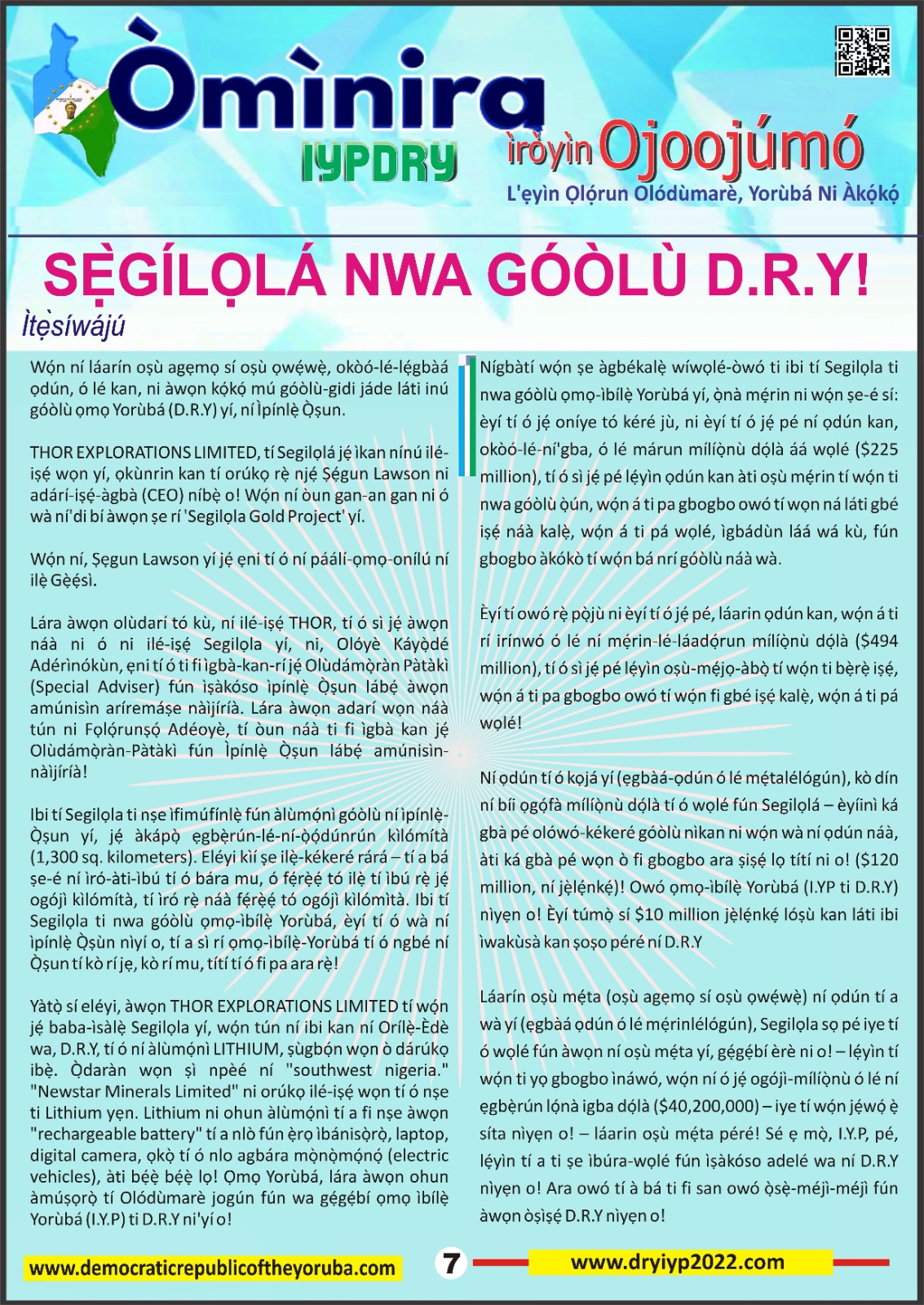 SEGILỌLA RESOURCES OPERATING LIMITED (SROL) project after tax economic sensitivity osun state. D.R.Y